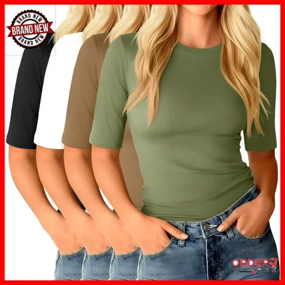 Slim Fit Half Sleeve Cotton Tees 4-Pack Women's Crewneck Tops - Picture 1 of 5